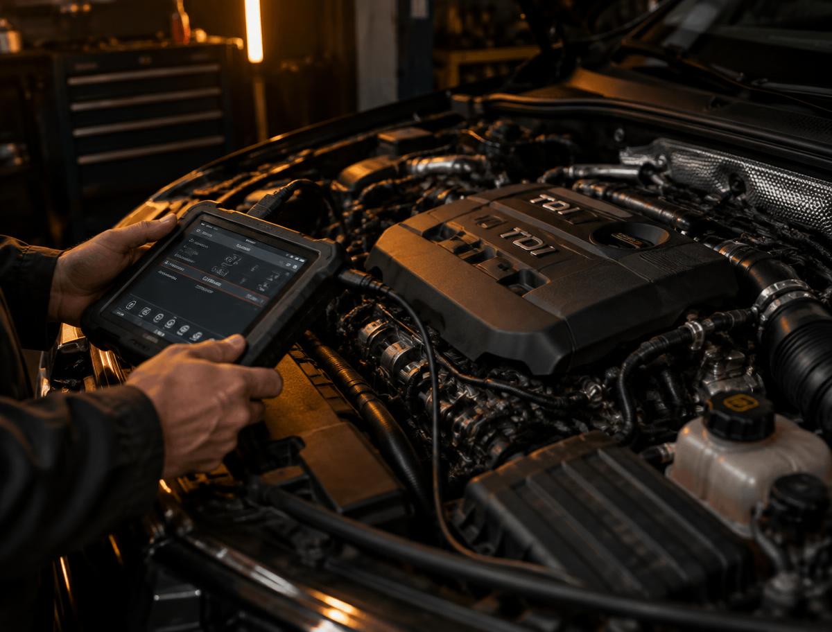 Felsökning av dieselmotor med diagnosverktyg i verkstad