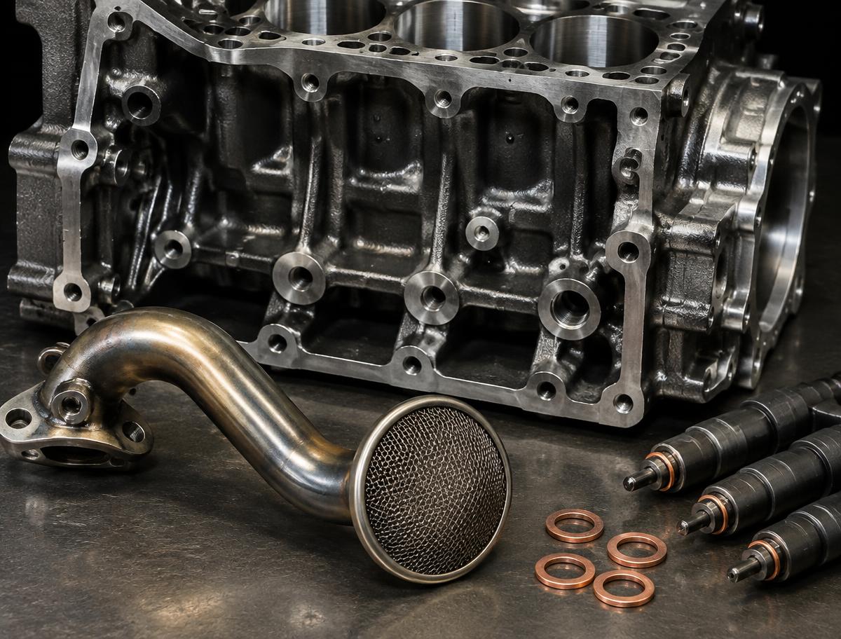 Oljesil, oljerör, spridare och kopparbrickor till dieselmotor